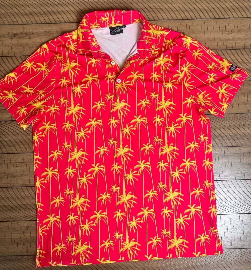 Sunday Swagger Men's Medium Golf Polo Pink/Red Yellow Palm Trees Performance
